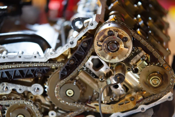 an engine's timing chain up close